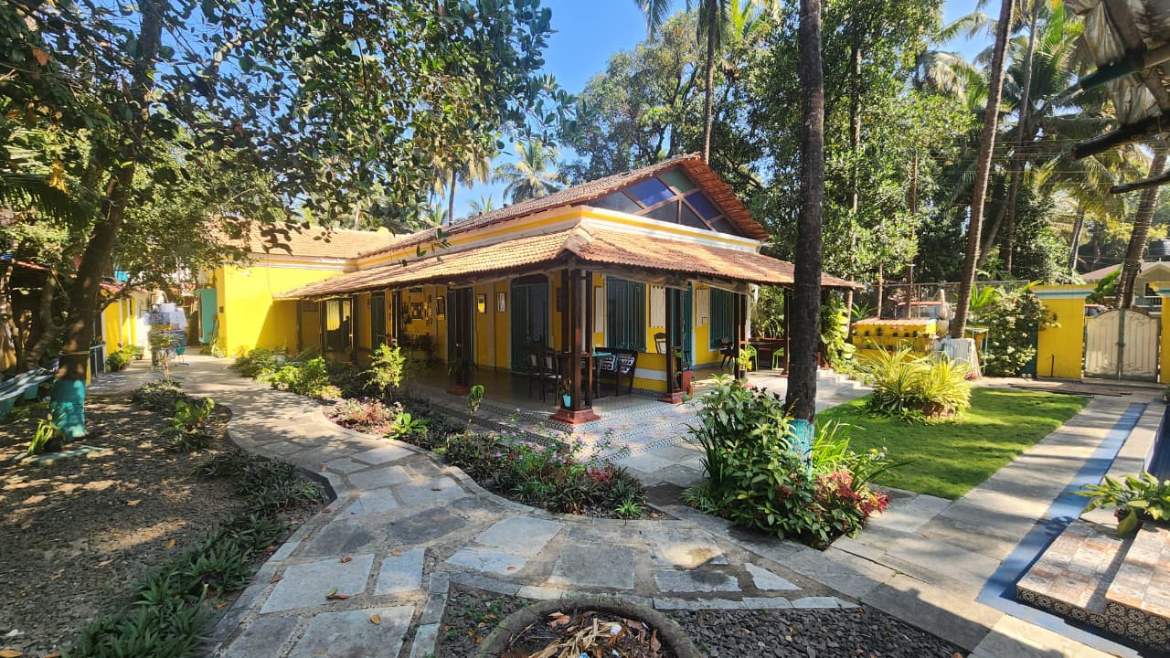 Valentine Villa full view from fire pit — century-old Portuguese heritage villa in North Goa